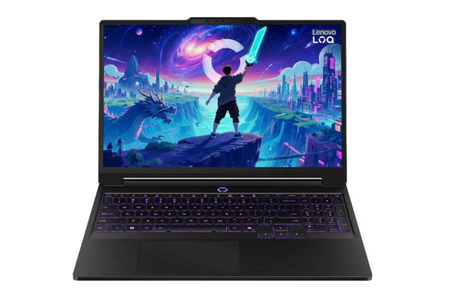 Open black Lenovo laptop with purple backlit keyboard; display shows a vibrant fantasy/scifi scene with a character holding a glowing sword on a cliff.