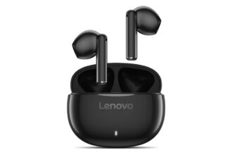 Lenovo wireless earbuds with open charging case, glossy black finish and white LED indicator on the front lamping