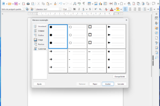Screenshot of LibreOffice Writer with the 'Marcas e numeração' dialog open, showing multiple bullet style presets (dots, circles, squares, arrows).