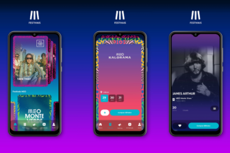 Three smartphones on a blue-to-purple gradient background displaying the FESTIVAIS app: left screen shows festival cards with 'Take That'; middle screen calendar and 'Comprar Bilhetes'; right screen artist profile for James Arthur with 'Comprar Bilhetes' button.