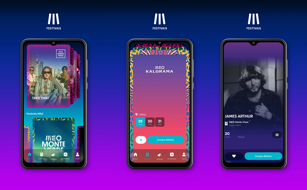 Three smartphones on a blue-to-purple gradient background displaying the FESTIVAIS app: left screen shows festival cards with 'Take That'; middle screen calendar and 'Comprar Bilhetes'; right screen artist profile for James Arthur with 'Comprar Bilhetes' button.