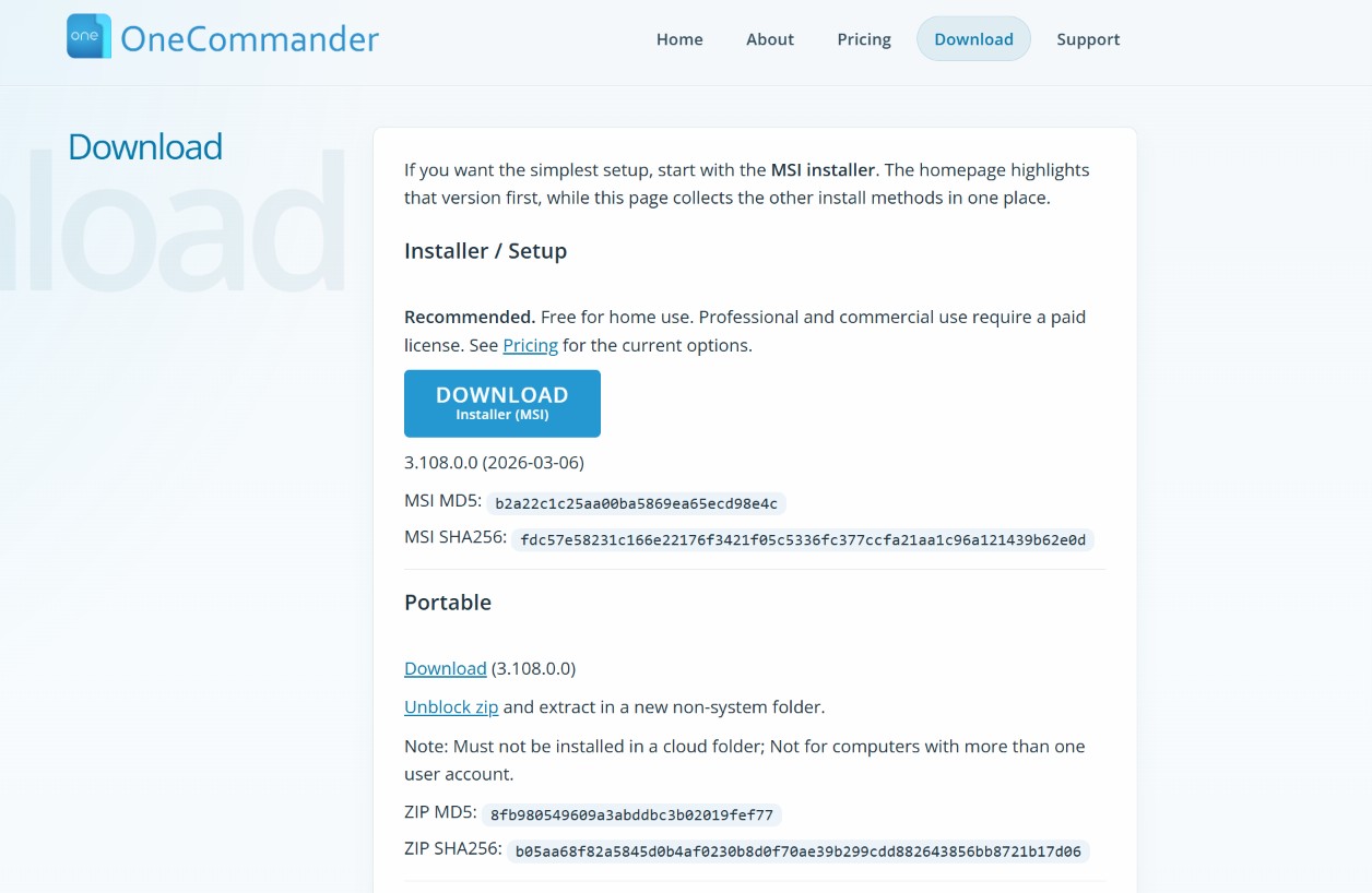 OneCommander download page showing the MSI installer button, version 3.108.0.0, and MD5/SHA256 checksums on a pale blue background.
