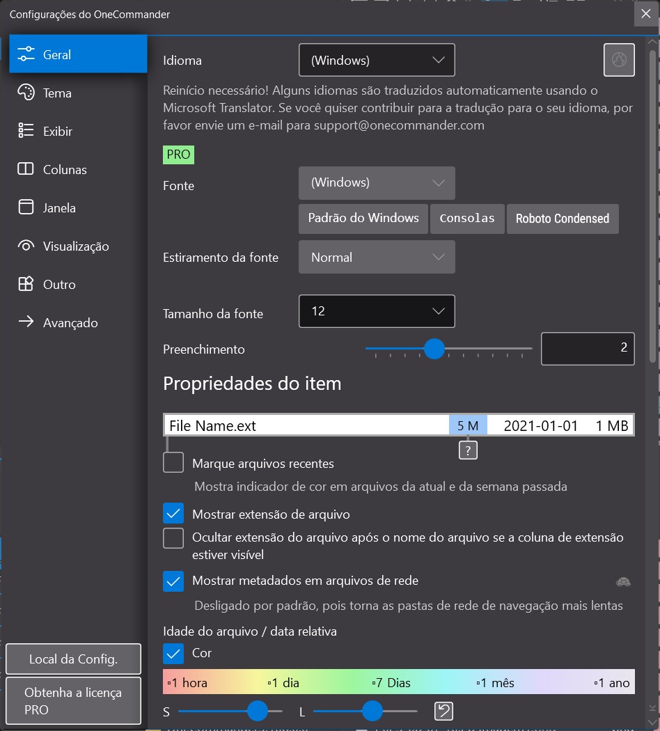 Tela de Configurações Gerais do OneCommander: opções de idioma, fonte, tamanho da fonte e preenchimento do item com controles deslizantes e botões de escolha de fonte (Windows, Consolas, Roboto Condensed). Conjunto de opções de propriedades do item visível na parte inferior.