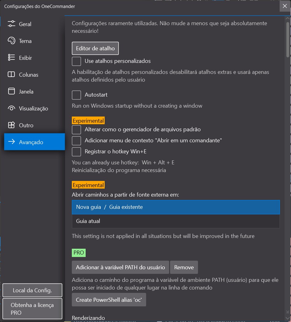 Configurações Avançadas do OneCommander: opções de atalhos, inicialização automática, abas, PATH do usuário e recursos PRO (em português).