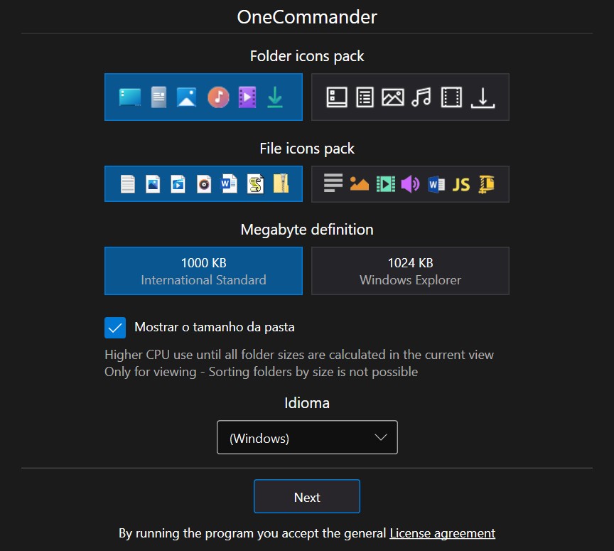 OneCommander setup screen with folder and file icon packs, megabyte definitions (1000 KB International Standard, 1024 KB Windows Explorer), language selector, and Next button.