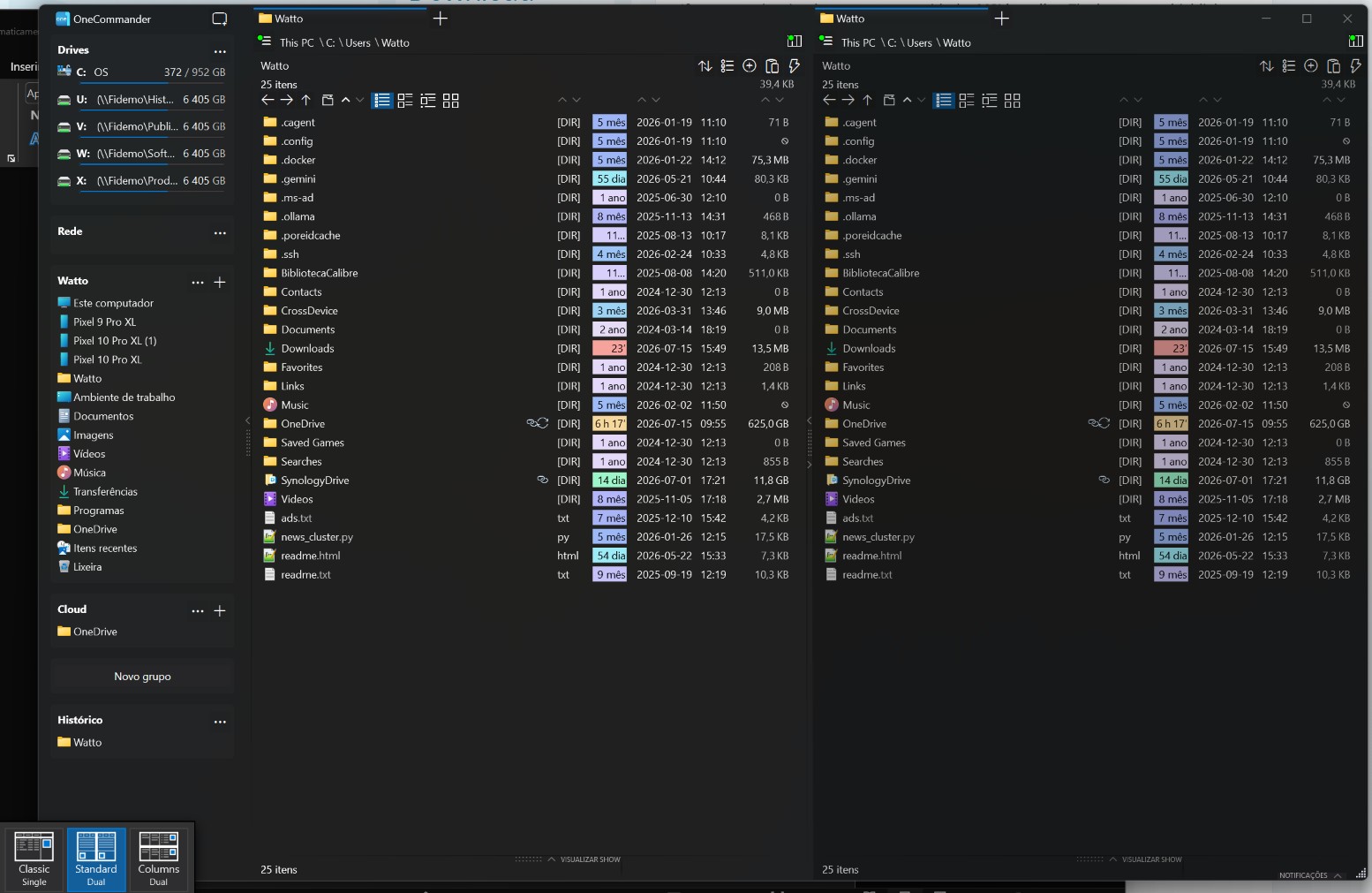 Dual-pane Windows Explorer in dark theme showing the Watto folder with a long list of subfolders (config, documents, downloads, music, photos, etc.) on both panels.