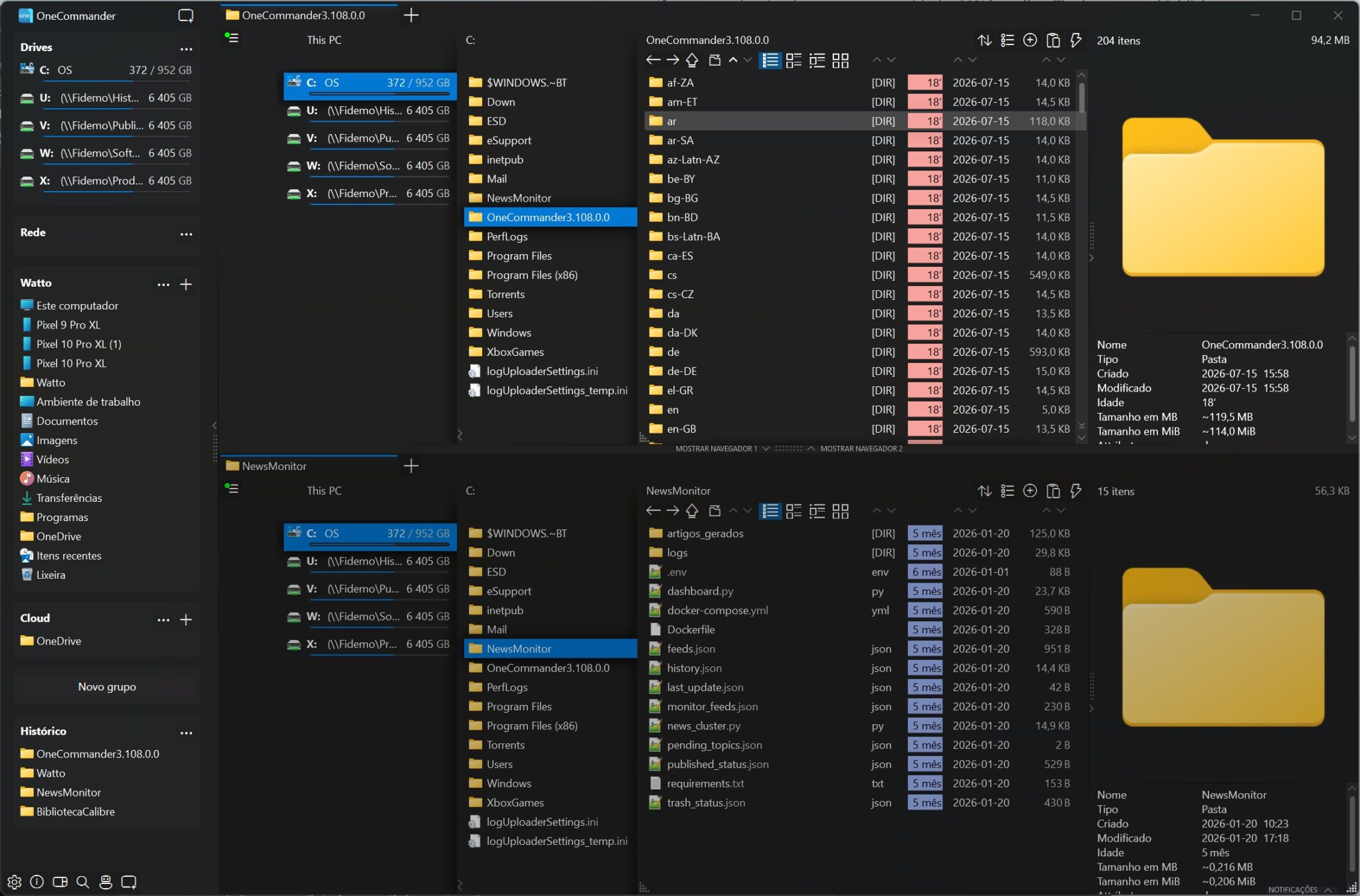Dark-themed Windows file explorer with multiple panes: left drive list, middle folder tree for C: OS and OneCommander3.108.0.0, right pane showing many folders and a large yellow folder thumbnail; bottom shows item counts.