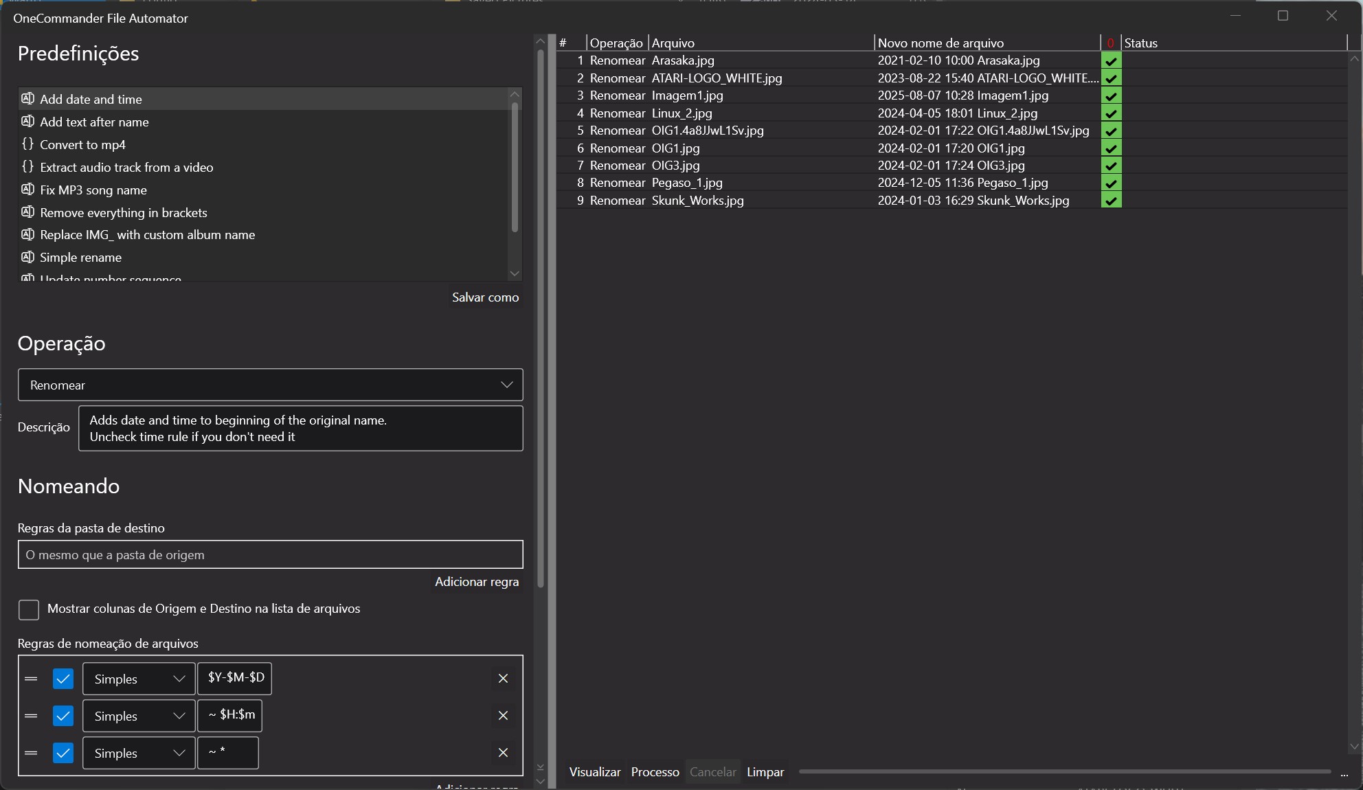 OneCommander File Automator settings window showing Predefinições with a list of actions (Renomear, etc.) on the left and a table of files with columns Operação, Arquivo and Novo nome de arquivo on the right, including status checkmarks.