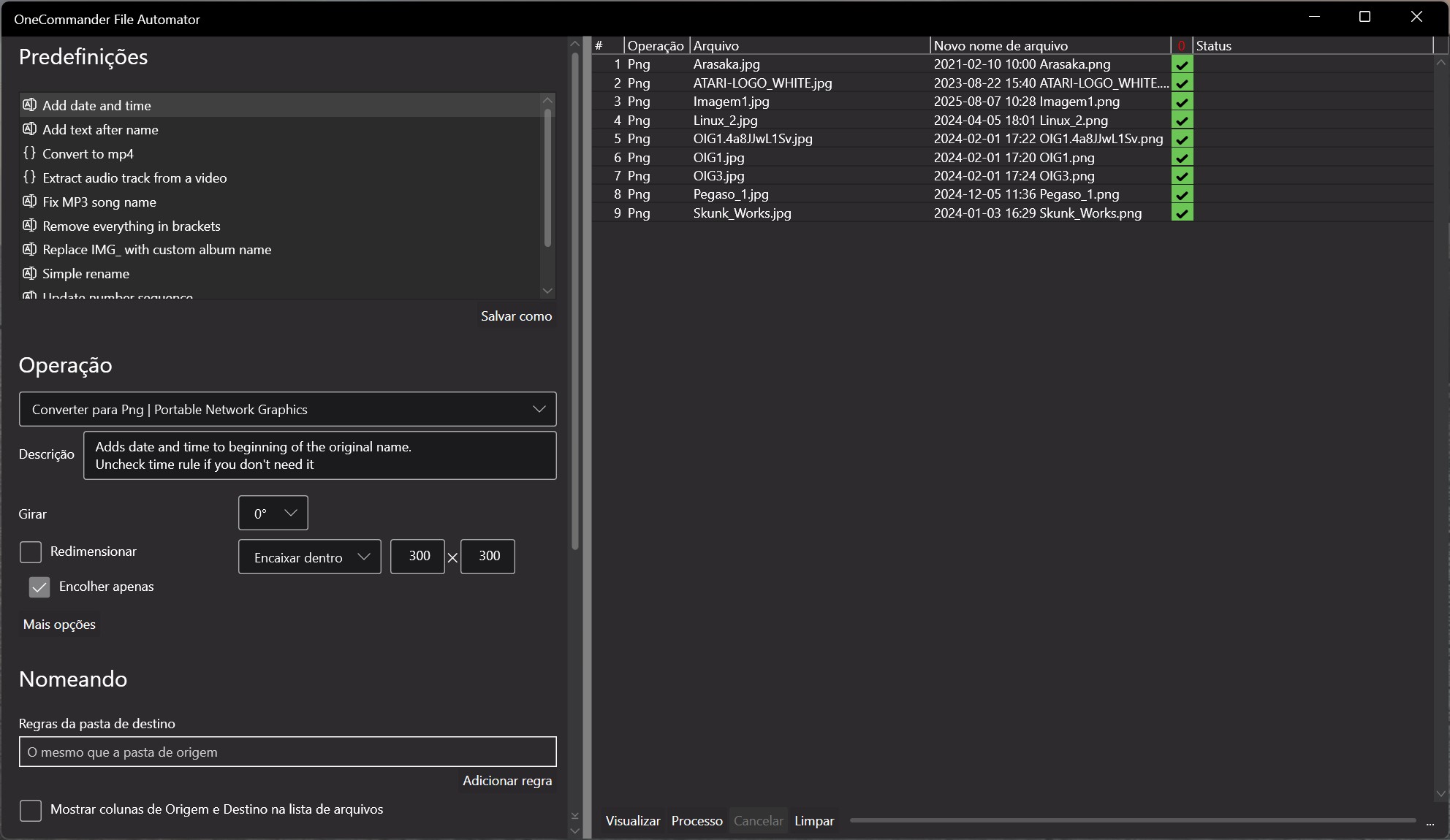 Screenshot of OneCommander File Automator showing Predefinições and a file list with operations and status indicators.