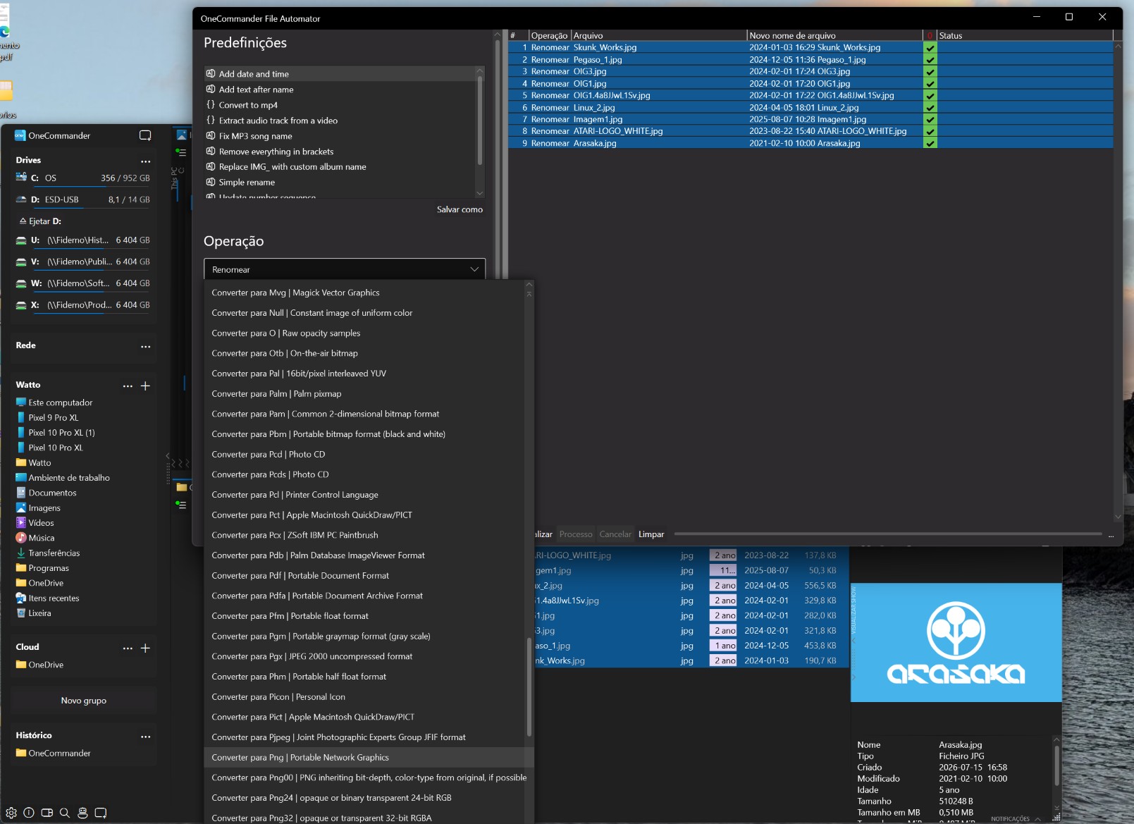 Screenshot of OneCommander File Automator in Portuguese, showing Predefinições and Operação panels with a list of files to rename on the right in a dark UI theme