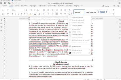 Janela do Word com o menu Contornos aberto sobre um contrato em edição.