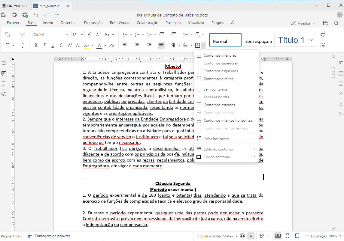 Janela do Word com o menu Contornos aberto sobre um contrato em edição.
