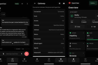 OpenClaw dark UI with three panels: chat on the left, gateway status in the middle, and an overview dashboard on the right.