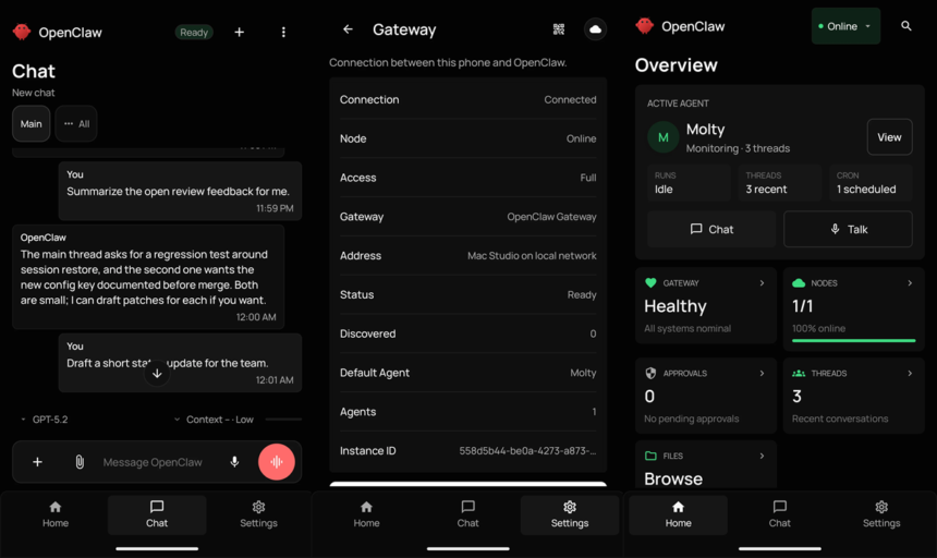OpenClaw dark UI with three panels: chat on the left, gateway status in the middle, and an overview dashboard on the right.