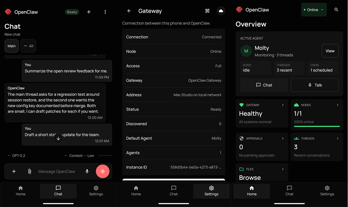 OpenClaw dark UI with three panels: chat on the left, gateway status in the middle, and an overview dashboard on the right.