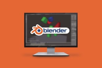 Computer monitor on an orange background displaying the Blender logo on screen.