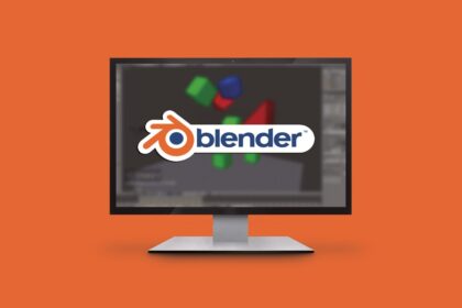 Computer monitor on an orange background displaying the Blender logo on screen.