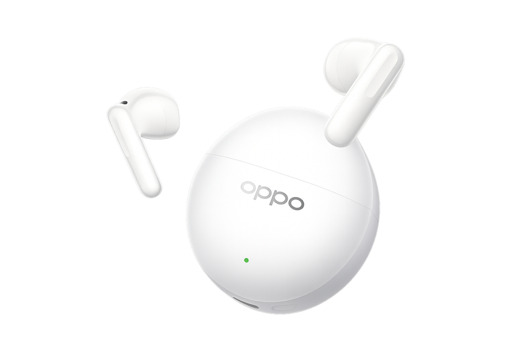 White true wireless earbuds with a round white charging case bearing the OPPO logo and a small green LED
