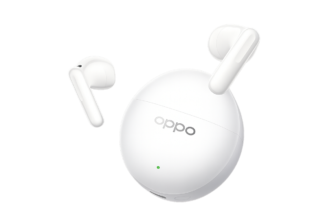 White true wireless earbuds with a round white charging case bearing the OPPO logo and a small green LED