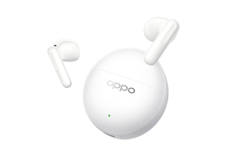 White true wireless earbuds with a round white charging case bearing the OPPO logo and a small green LED
