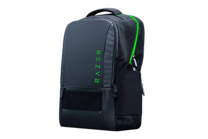 Razer backpack in dark blue/black with a bright green zipper, vertical 'RAZER' branding on the front panel, top handle.