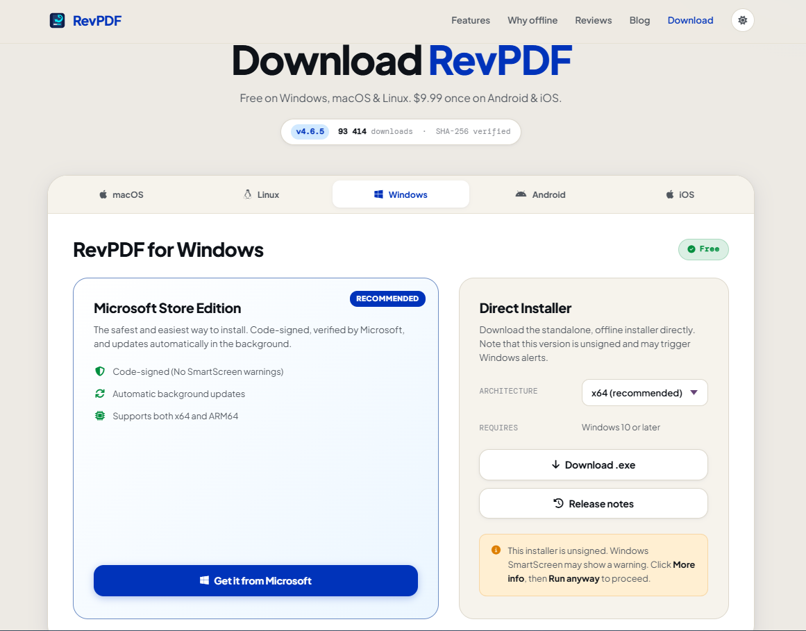 Download RevPDF page displaying Windows download options: Microsoft Store Edition (recommended) and Direct Installer with Download .exe button.