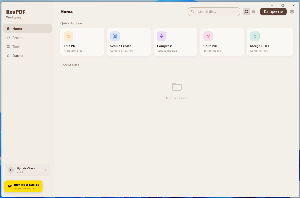 RevPDF Home: five quick action cards for Edit PDF, Scan/Create, Compress, Split PDF, and Merge PDFs; No files found.