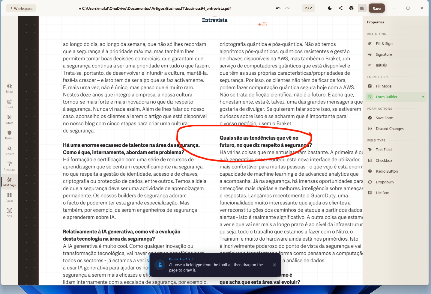 Screenshot of a two-column article in Portuguese; circled question:'Quais são as tendências que vê no futuro, no que diz respeito a segurança?'.
