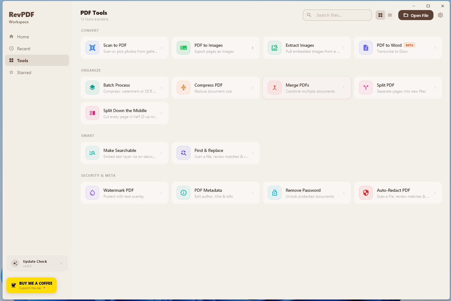RevPDF Tools dashboard with tiles for converting, organizing, smart, and security tools like Scan to PDF, PDF to Images, Extract Images, PDF to Word, Batch Process, Compress PDF, Merge PDFs, Split PDF, Make Searchable, Find & Replace, Watermark PDF, PDF Metadata, Remove Password, Auto-Redact PDF