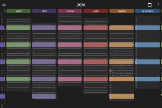 Dark calendar view for 2026 with six month columns (Abril–Setembro) and colored event bars per day, in a dark UI.