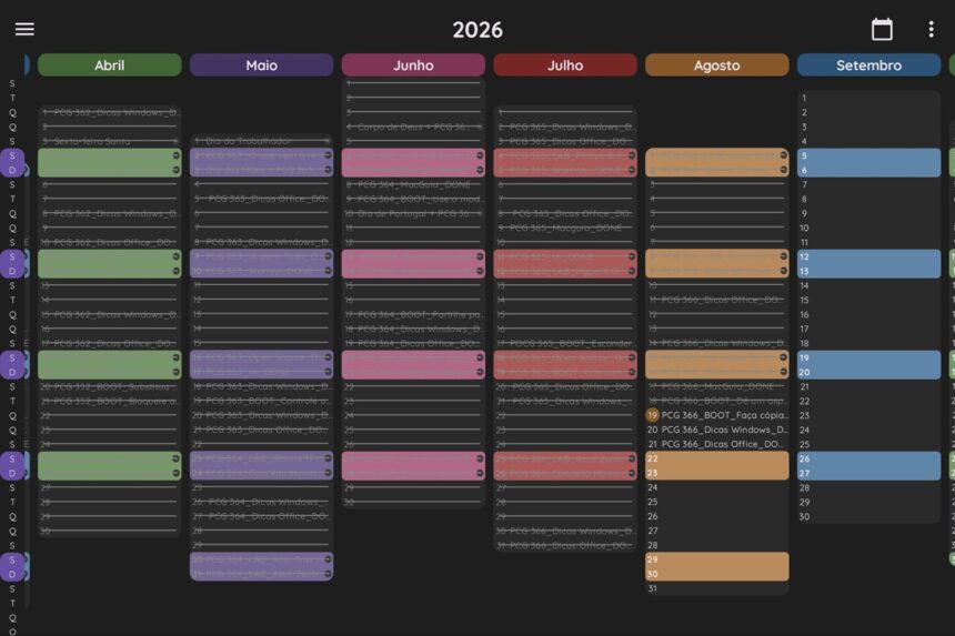 Dark calendar view for 2026 with six month columns (Abril–Setembro) and colored event bars per day, in a dark UI.