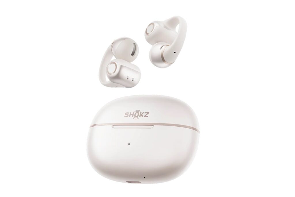White true-wireless earbuds with a matching white charging case, brand SHOKZ, floating above the case.