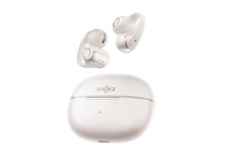 White true-wireless earbuds with a matching white charging case, brand SHOKZ, floating above the case.