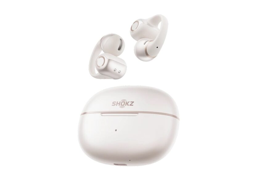 White true-wireless earbuds with a matching white charging case, brand SHOKZ, floating above the case.