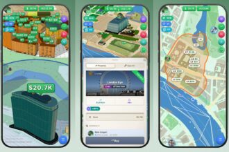 Three smartphone screens show a real estate sim game with 3D city blocks, price tags, and map menus on a green gradient background, illustrating building and trading properties.