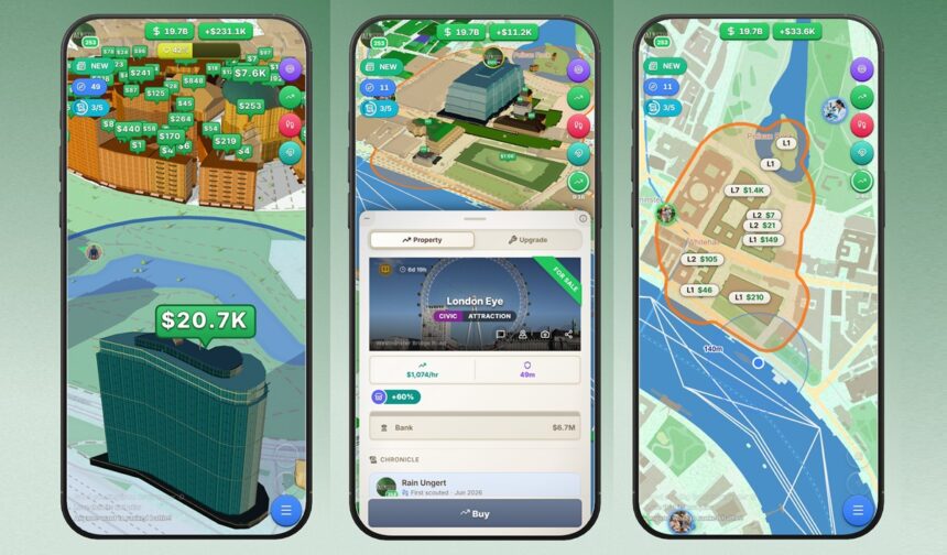 Three smartphone screens show a real estate sim game with 3D city blocks, price tags, and map menus on a green gradient background, illustrating building and trading properties.