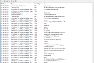 mDNSView window listing local network mDNS records for HP OfficeJet Pro 9020 series (PTR, SRV, TXT, A/AAAA).