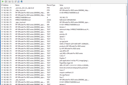 mDNSView window listing local network mDNS records for HP OfficeJet Pro 9020 series (PTR, SRV, TXT, A/AAAA).
