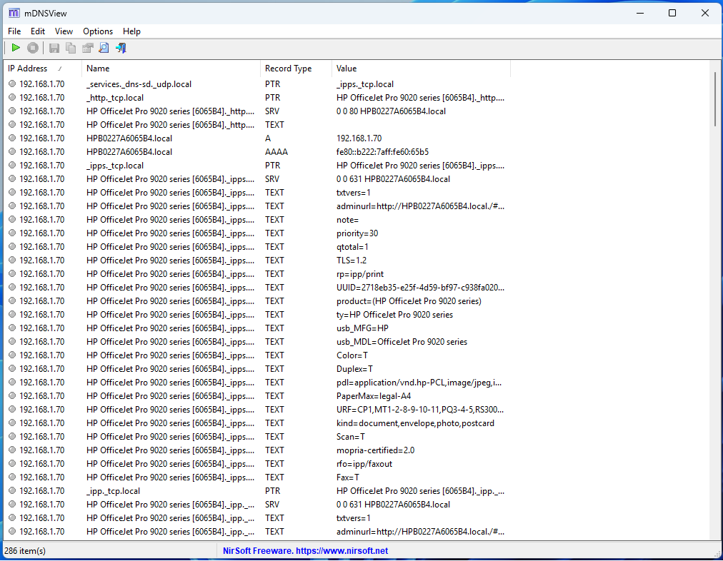 mDNSView window listing local network mDNS records for HP OfficeJet Pro 9020 series (PTR, SRV, TXT, A/AAAA).