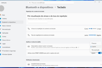 Screenshot of Windows Settings under Bluetooth and devices > Keyboard, showing repeat delay and rate controls and a Copilot shortcut popup on the right.