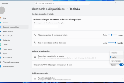 Screenshot of Windows Settings under Bluetooth and devices > Keyboard, showing repeat delay and rate controls and a Copilot shortcut popup on the right.