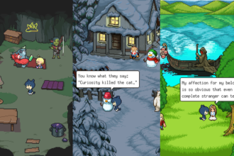 Three-panel pixel-art game scene: left panel shows a cave camp with a blue character, a goblin-like boss, and camp furniture; middle panel depicts a snowy village with a snowman and a blue character near a house, a speech bubble reads 'You know what they say: 'Curiosity killed the cat.''; right panel features a sunny green meadow by a lake with a couple and a boat, another speech bubble about affection.