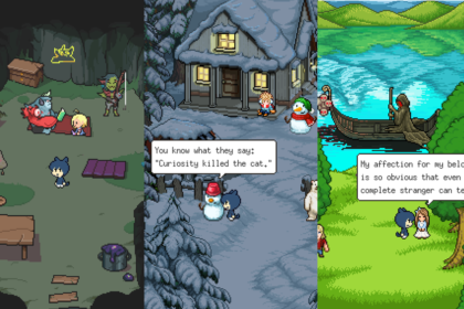 Three-panel pixel-art game scene: left panel shows a cave camp with a blue character, a goblin-like boss, and camp furniture; middle panel depicts a snowy village with a snowman and a blue character near a house, a speech bubble reads 'You know what they say: 'Curiosity killed the cat.''; right panel features a sunny green meadow by a lake with a couple and a boat, another speech bubble about affection.