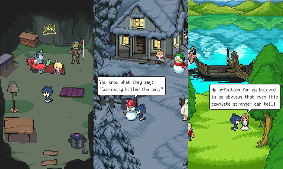 Three-panel pixel-art game scene: left panel shows a cave camp with a blue character, a goblin-like boss, and camp furniture; middle panel depicts a snowy village with a snowman and a blue character near a house, a speech bubble reads 'You know what they say: 'Curiosity killed the cat.''; right panel features a sunny green meadow by a lake with a couple and a boat, another speech bubble about affection.