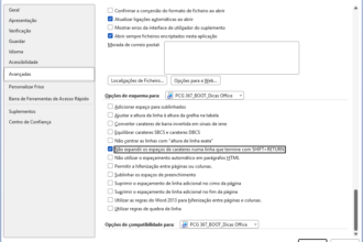 Screenshot das Opções do Word – Aba Avançadas, com a opção 'Não expandir os espaços de caracteres numa linha que termine com SHIFT+RETURN' marcada.