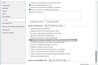 Screenshot das Opções do Word – Aba Avançadas, com a opção 'Não expandir os espaços de caracteres numa linha que termine com SHIFT+RETURN' marcada.