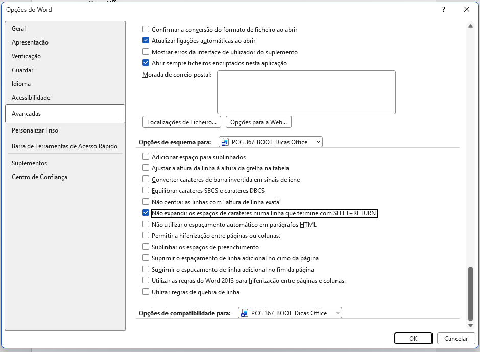 Screenshot das Opções do Word – Aba Avançadas, com a opção 'Não expandir os espaços de caracteres numa linha que termine com SHIFT+RETURN' marcada.