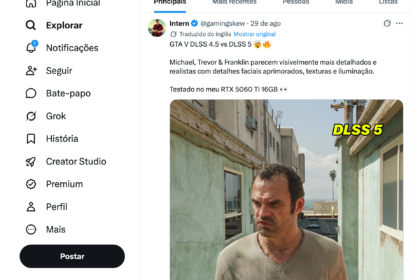 Man in a sunny alleyway with green walls, wearing a gray shirt; large DLSS 5 text overlay in yellow on the right side.
