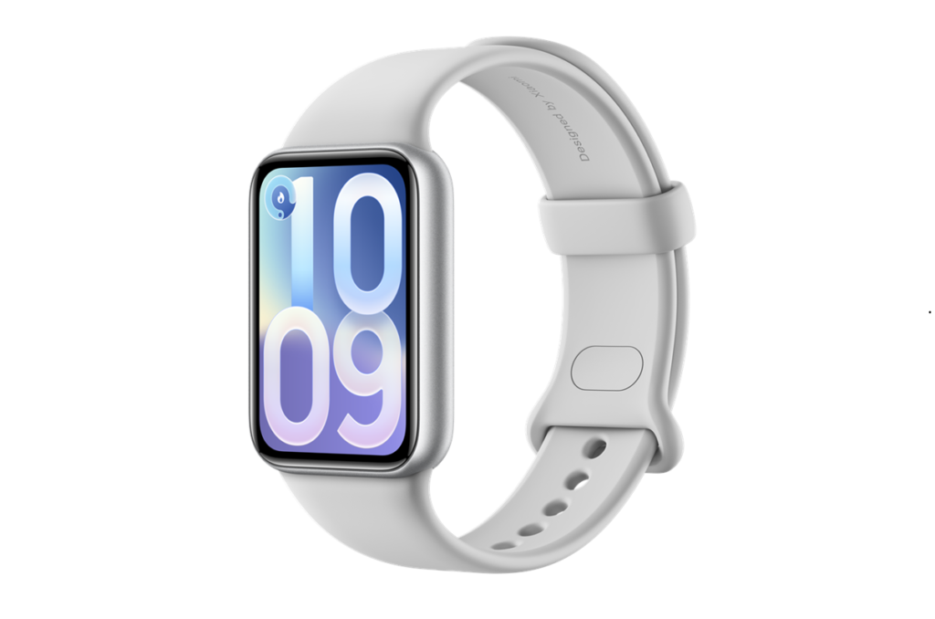 White smartwatch with rounded display showing 10:09, silver case, white band.