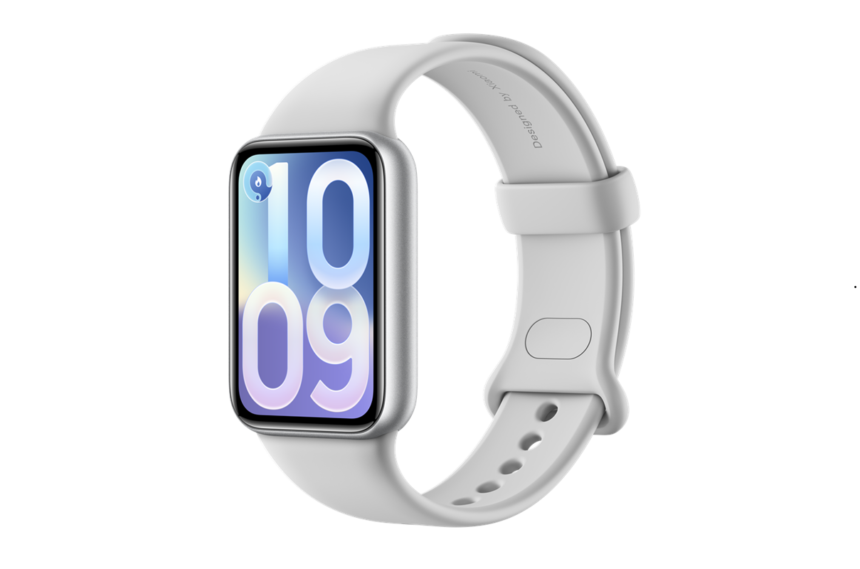 White smartwatch with rounded display showing 10:09, silver case, white band.
